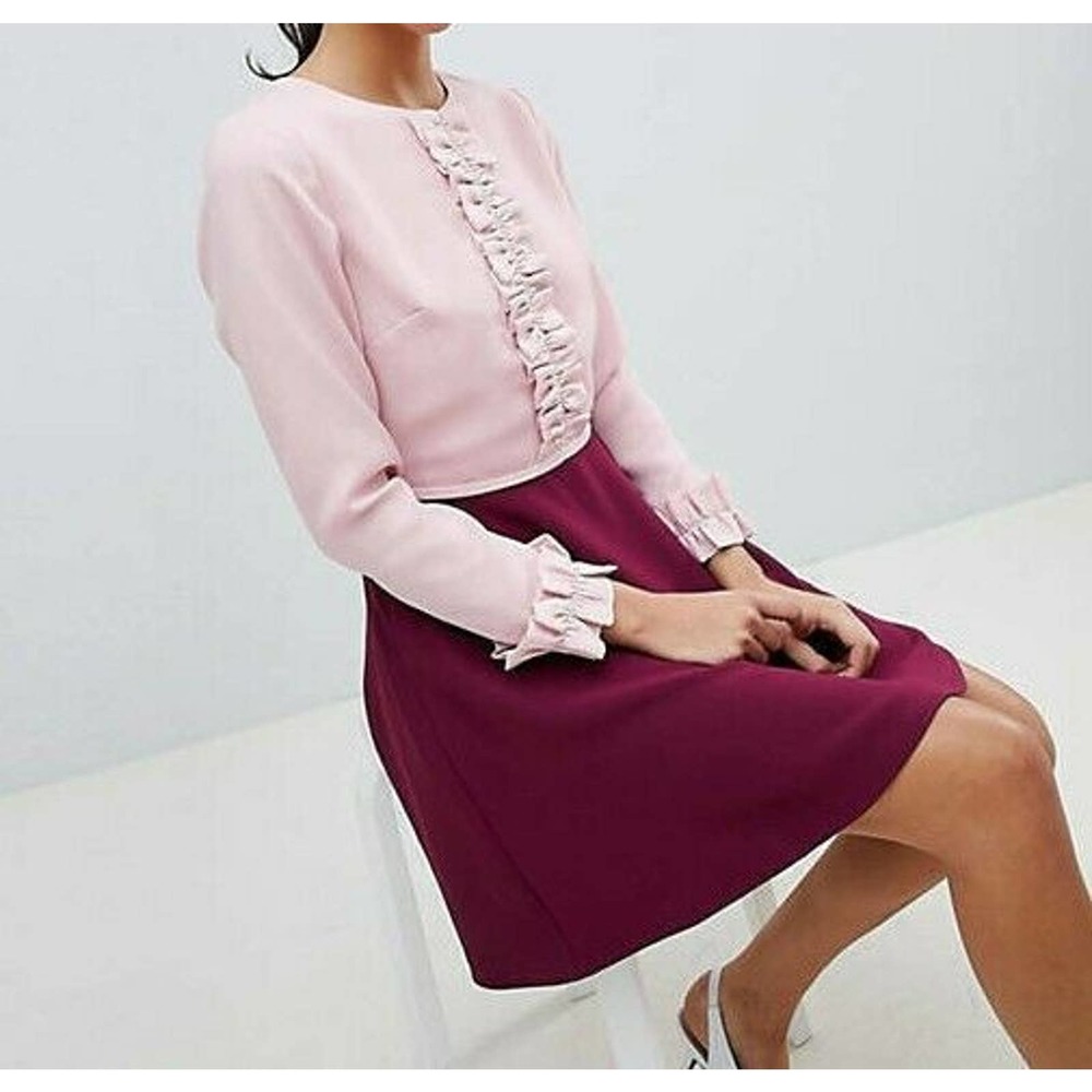 NWT Ted Baker Steyla Ruffle Dress Size 6 US / 2 TB Dusky Pink Fit & Flare